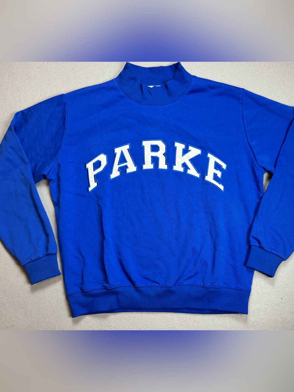 PARKE Varsity Mock Neck Pullover Sweatshirt In Royal Blue, White Logo Size XXL